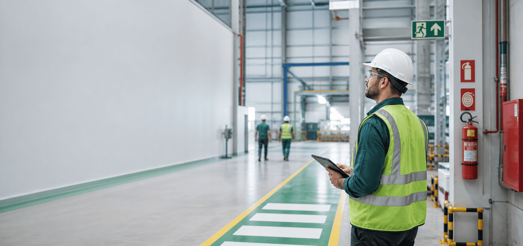 Técnico em Segurança do Trabalho inspecionando ambiente industrial com rota de fuga e extintores